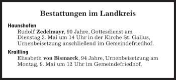 Traueranzeige von Bestattungen vom 03.05.2022 von Süddeutsche Zeitung