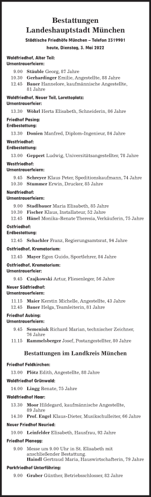 Traueranzeige von Bestattungen vom 03.05.2022 von Süddeutsche Zeitung