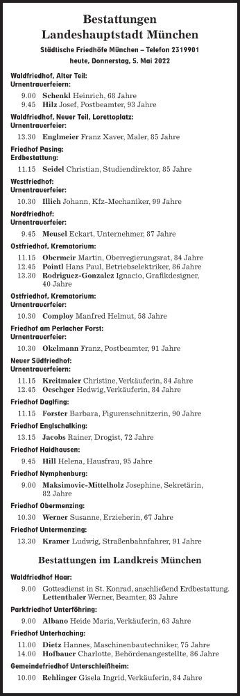 Traueranzeige von Bestattungen vom 05.05.2022 von Süddeutsche Zeitung