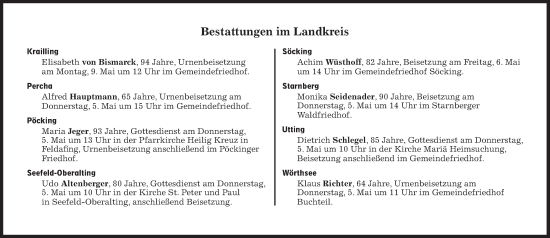 Traueranzeige von Bestattungen vom 05.05.2022 von Süddeutsche Zeitung