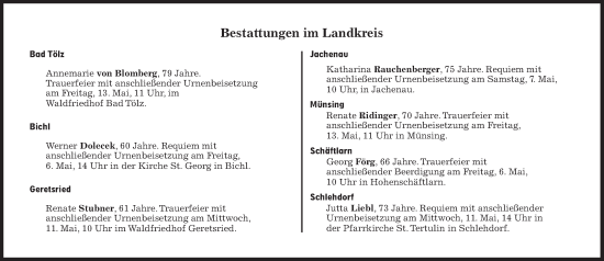 Traueranzeige von Bestattungen vom 06.05.2022 von Süddeutsche Zeitung