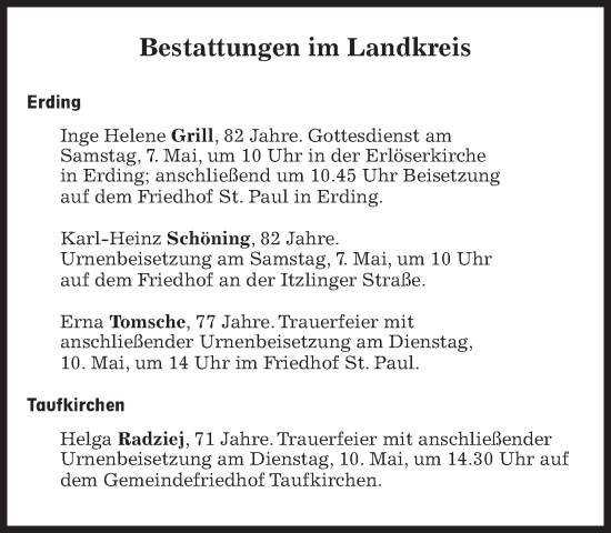 Traueranzeige von Bestattungen vom 07.05.2022 von Süddeutsche Zeitung