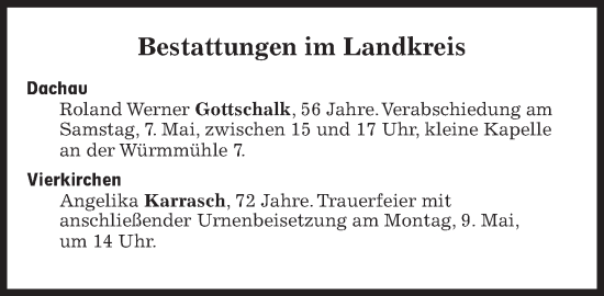 Traueranzeige von Bestattungen vom 07.05.2022 von Süddeutsche Zeitung