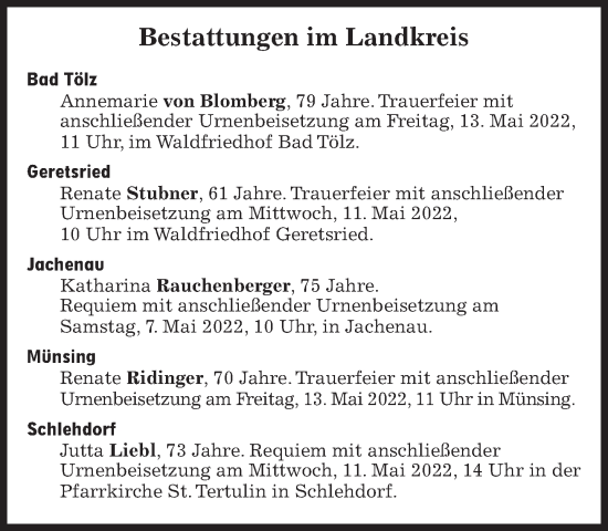 Traueranzeige von Bestattungen vom 07.05.2022 von Süddeutsche Zeitung