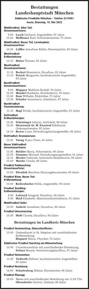 Traueranzeige von Bestattungen vom 10.05.2022 von Süddeutsche Zeitung