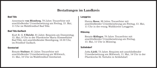 Traueranzeige von Bestattungen vom 11.05.2022 von Süddeutsche Zeitung