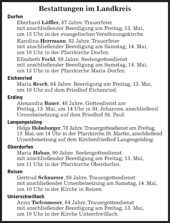 Traueranzeige von Bestattungen vom 13.05.2022 von Süddeutsche Zeitung