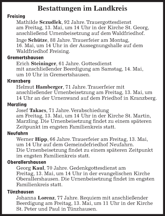Traueranzeige von Bestattungen vom 13.05.2022 von Süddeutsche Zeitung
