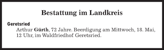 Traueranzeige von Bestattungen vom 14.05.2022 von Süddeutsche Zeitung
