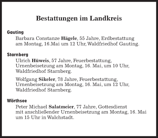 Traueranzeige von Bestattungen vom 16.05.2022 von Süddeutsche Zeitung