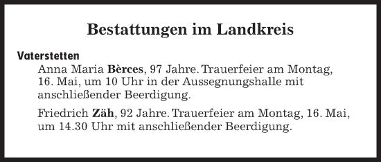 Traueranzeige von Bestattungen vom 16.05.2022 von Süddeutsche Zeitung