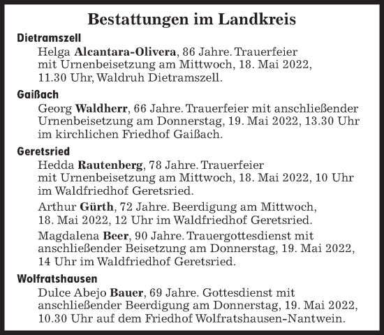 Traueranzeige von Bestattungen vom 18.05.2022 von Süddeutsche Zeitung