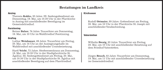 Traueranzeige von Bestattungen vom 19.05.2022 von Süddeutsche Zeitung