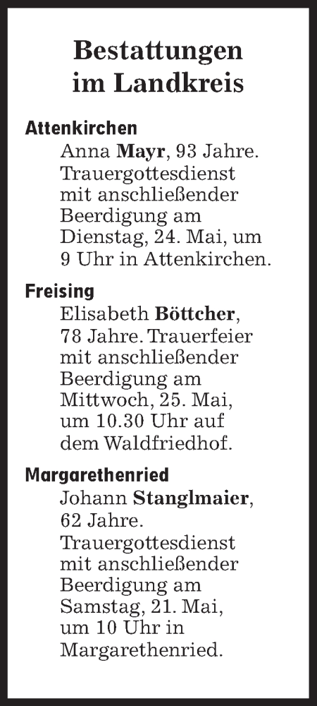 Traueranzeige von Bestattungen vom 21.05.2022 von Süddeutsche Zeitung