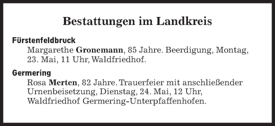 Traueranzeige von Bestattungen vom 23.05.2022 von Süddeutsche Zeitung