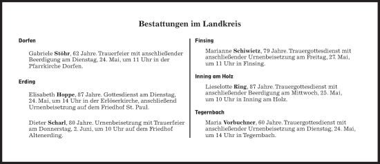 Traueranzeige von Bestattungen vom 24.05.2022 von Süddeutsche Zeitung