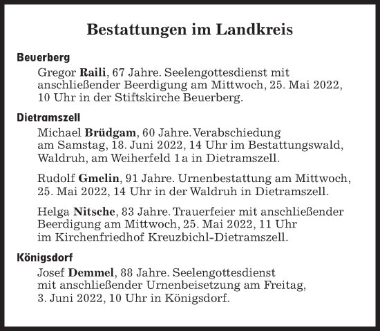 Traueranzeige von Bestattungen vom 25.05.2022 von Süddeutsche Zeitung