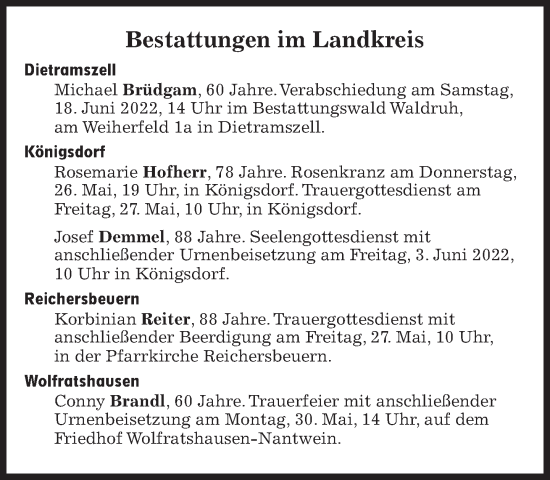 Traueranzeige von Bestattungen vom 27.05.2022 von Süddeutsche Zeitung