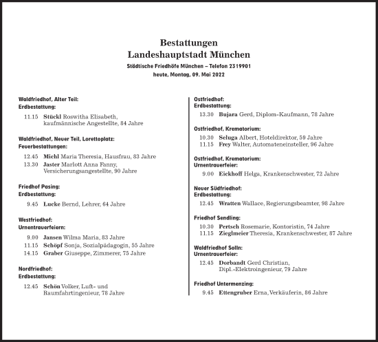 Traueranzeige von Bestattungskalender vom 09.05.2022 von Süddeutsche Zeitung