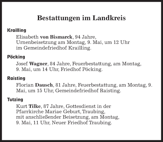 Traueranzeige von Bestattungskalender vom 09.05.2022 von Süddeutsche Zeitung