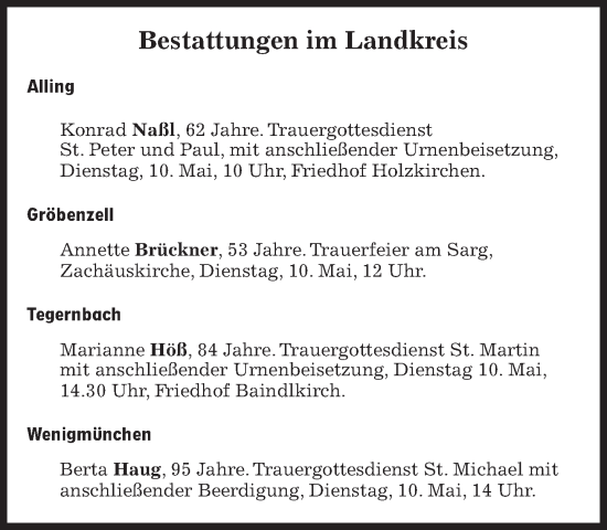 Traueranzeige von Bestattungskalender vom 09.05.2022 von Süddeutsche Zeitung