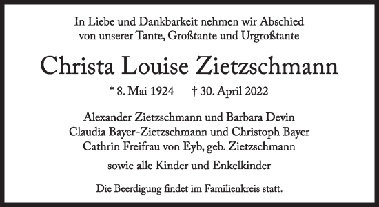 Traueranzeige von Christa Louise Zietzschmann von Süddeutsche Zeitung