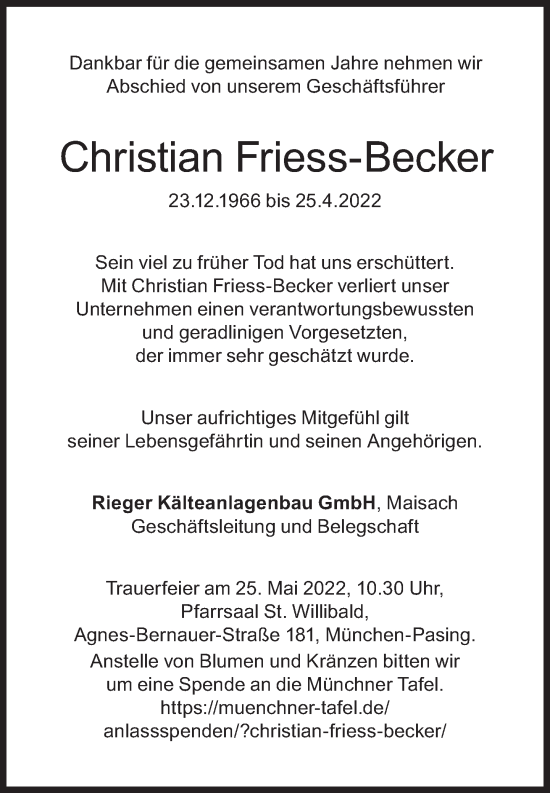 Traueranzeige von Christian Friess-Becker von Süddeutsche Zeitung