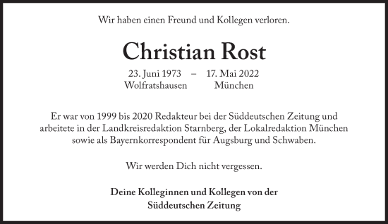 Traueranzeige von Christian Rost von Süddeutsche Zeitung