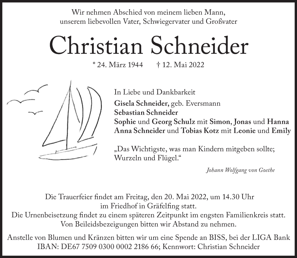  Traueranzeige für Christian Schneider vom 14.05.2022 aus Süddeutsche Zeitung