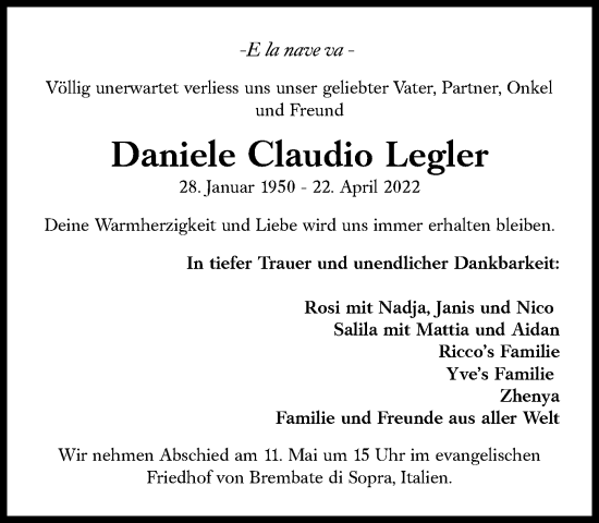 Traueranzeige von Daniele Claudio Legler von Süddeutsche Zeitung
