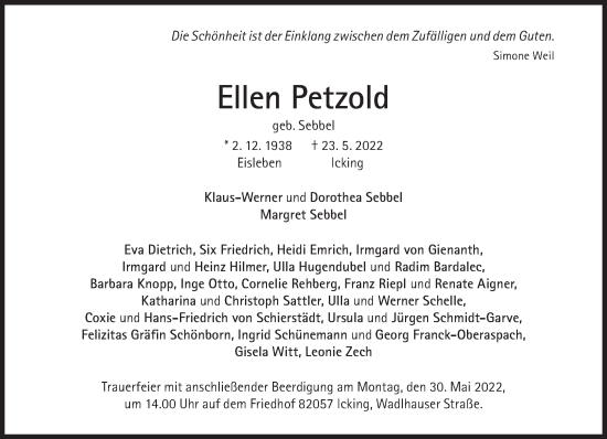 Traueranzeige von Ellen Petzold von Süddeutsche Zeitung