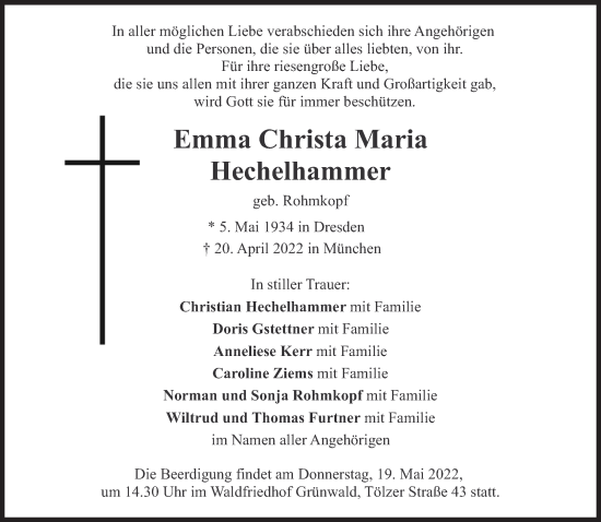 Traueranzeige von Emma Christa Maria Hechelhammer von Süddeutsche Zeitung