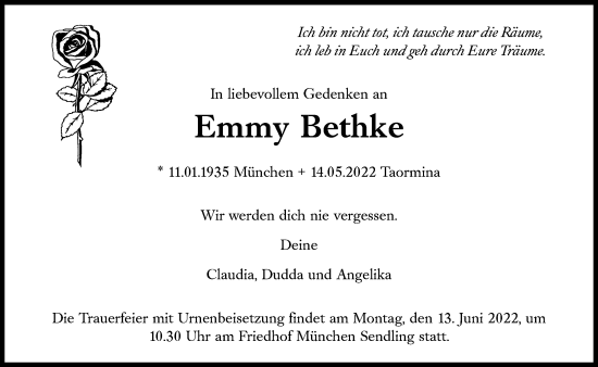 Traueranzeige von Emmy Bethke von Süddeutsche Zeitung