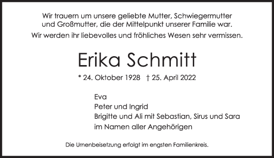 Traueranzeige von Erika Schmitt von Süddeutsche Zeitung