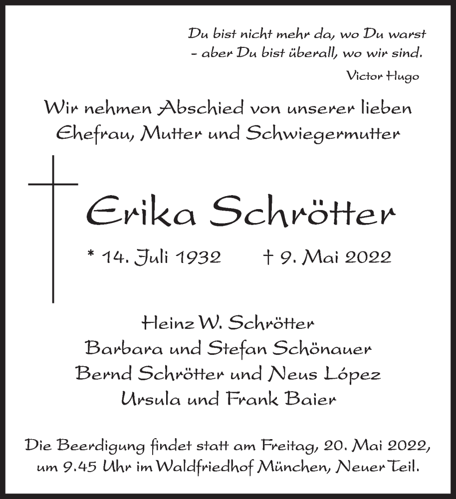  Traueranzeige für Erika Schrötter vom 14.05.2022 aus Süddeutsche Zeitung