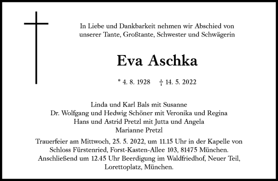 Traueranzeige von Eva Aschka von Süddeutsche Zeitung