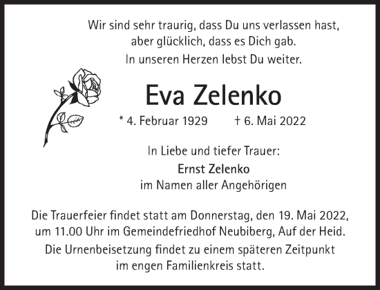 Traueranzeige von Eva Zelenko von Süddeutsche Zeitung