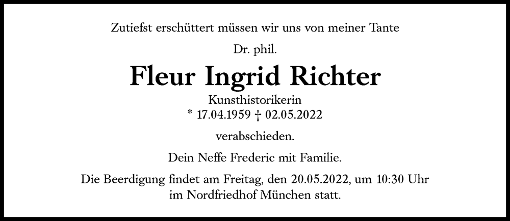  Traueranzeige für Fleur Ingrid Richter vom 18.05.2022 aus Süddeutsche Zeitung