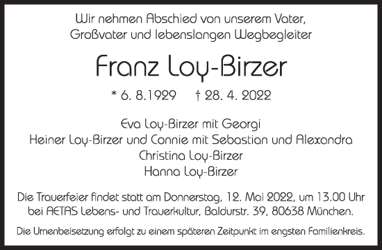 Traueranzeige von Franz Loy-Birzer von Süddeutsche Zeitung