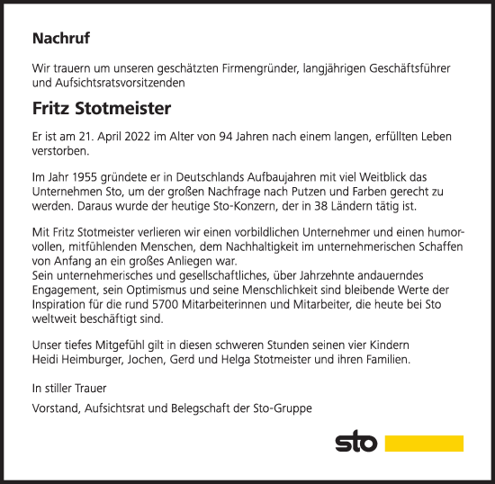 Traueranzeige von Fritz Stotmeister von Süddeutsche Zeitung
