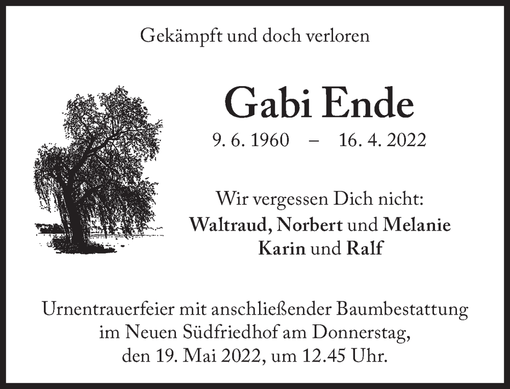  Traueranzeige für Gabi Ende vom 13.05.2022 aus Süddeutsche Zeitung