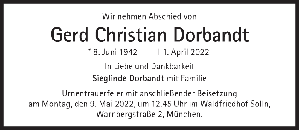  Traueranzeige für Gerd Christian Dorbandt  vom 07.05.2022 aus Süddeutsche Zeitung