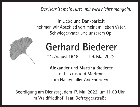 Traueranzeige von Gerhard Biederer von Süddeutsche Zeitung