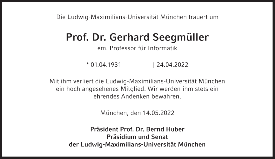 Traueranzeige von Gerhard Seegmüller von Süddeutsche Zeitung