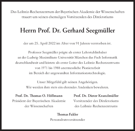 Traueranzeige von Gerhard Seegmüller von Süddeutsche Zeitung