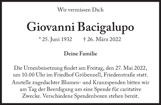 Traueranzeige von Giovanni Bacigalupo von Süddeutsche Zeitung