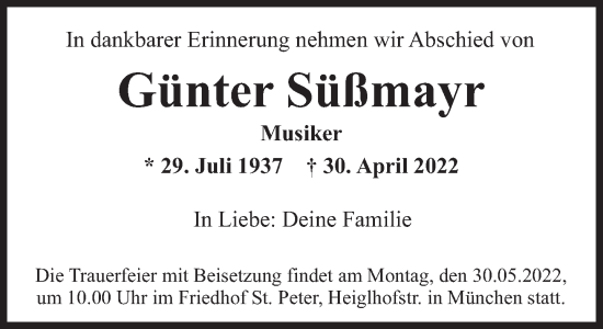 Traueranzeige von Günter Süßmayr von Süddeutsche Zeitung