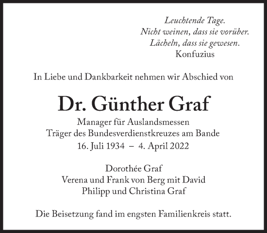 Traueranzeige von Günther Graf von Süddeutsche Zeitung