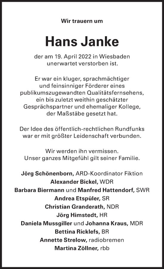 Traueranzeige von Hans Janke von Süddeutsche Zeitung