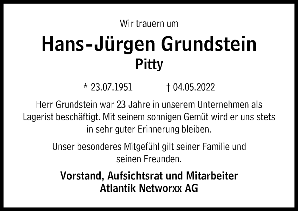  Traueranzeige für Hans-Jürgen Grundstein vom 07.05.2022 aus Süddeutsche Zeitung